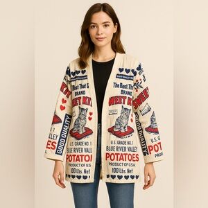 Vintage Sack “Sweet Kitten Potatoes” Reproduction Jacket Sz L see measurements